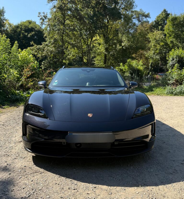 Porsche Taycan in Schwarz, Frontansicht gerade, vor Bäumen